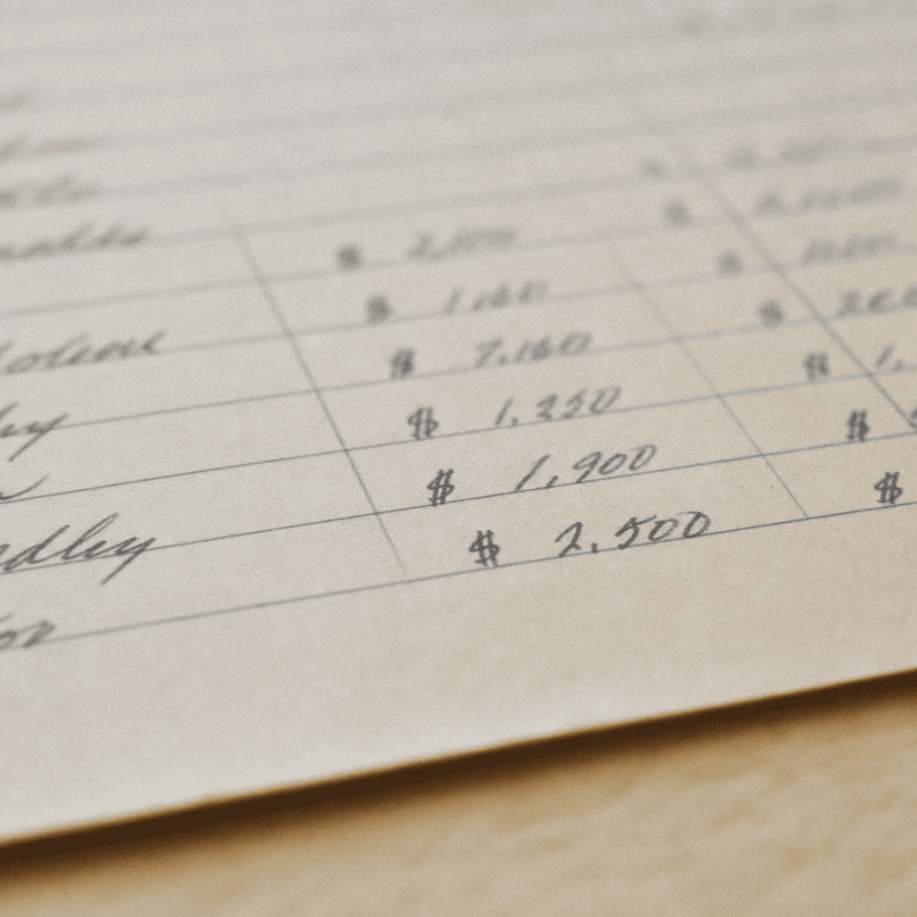 Close-up of a handwritten client list with monthly amounts